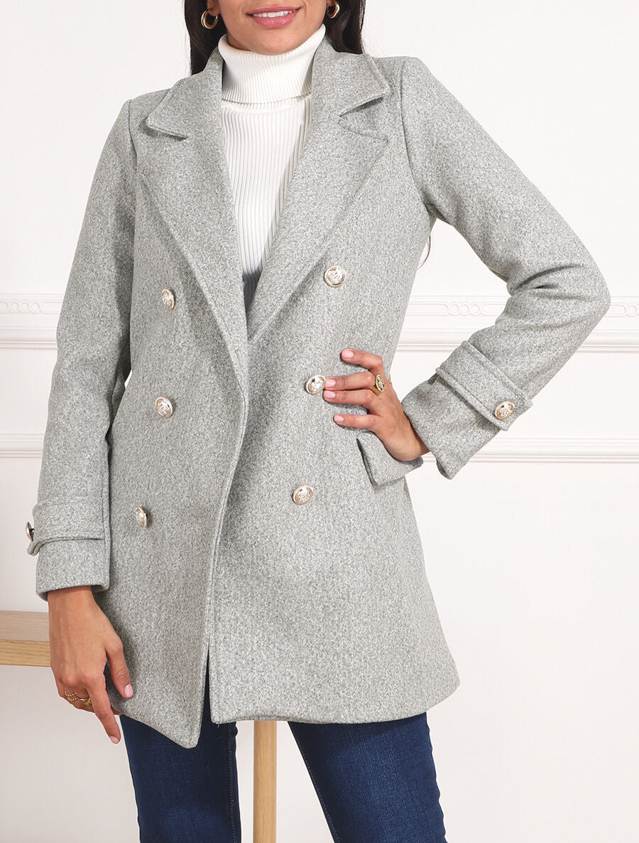 Manteau mi-long boutonné à col cranté - Gris - Image 4