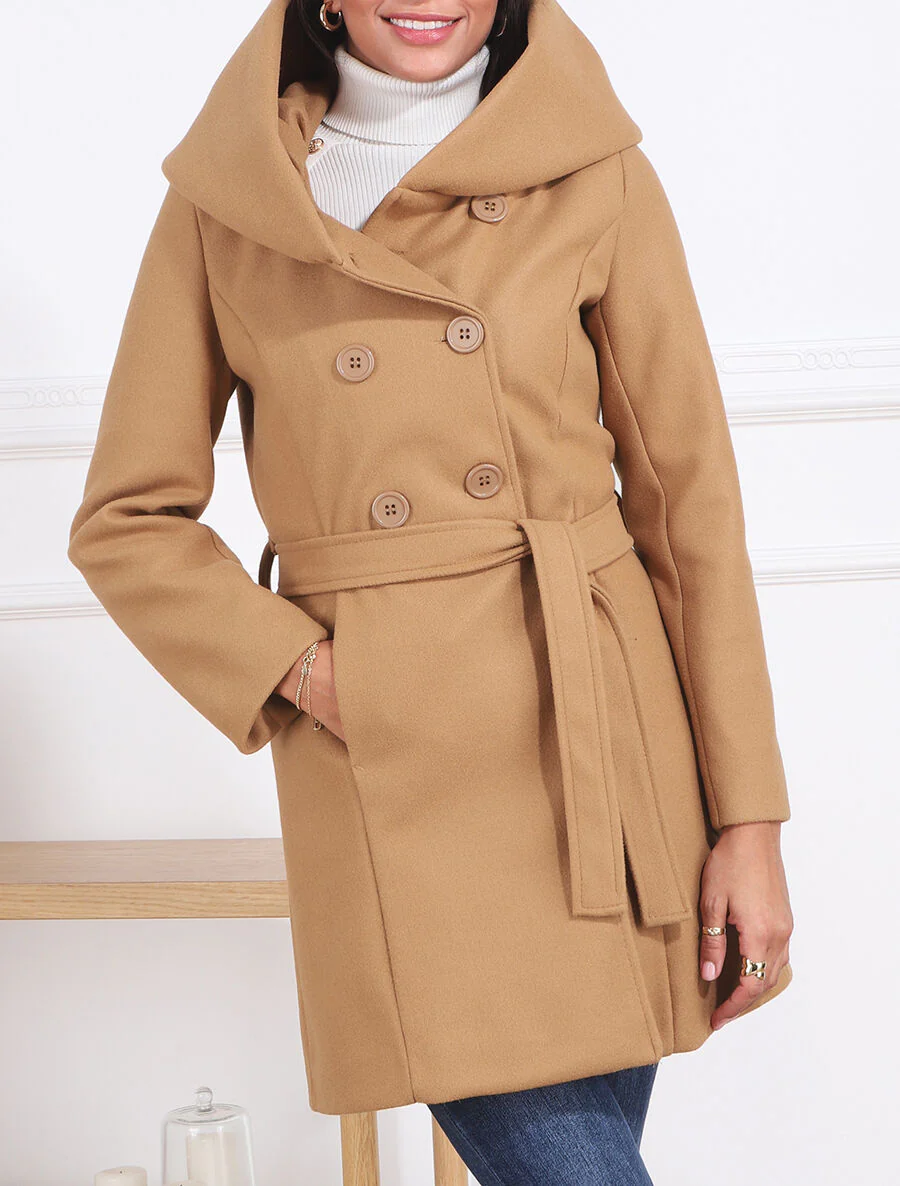 Manteau mi-long ceinturé à capuche - Camel - Image 3