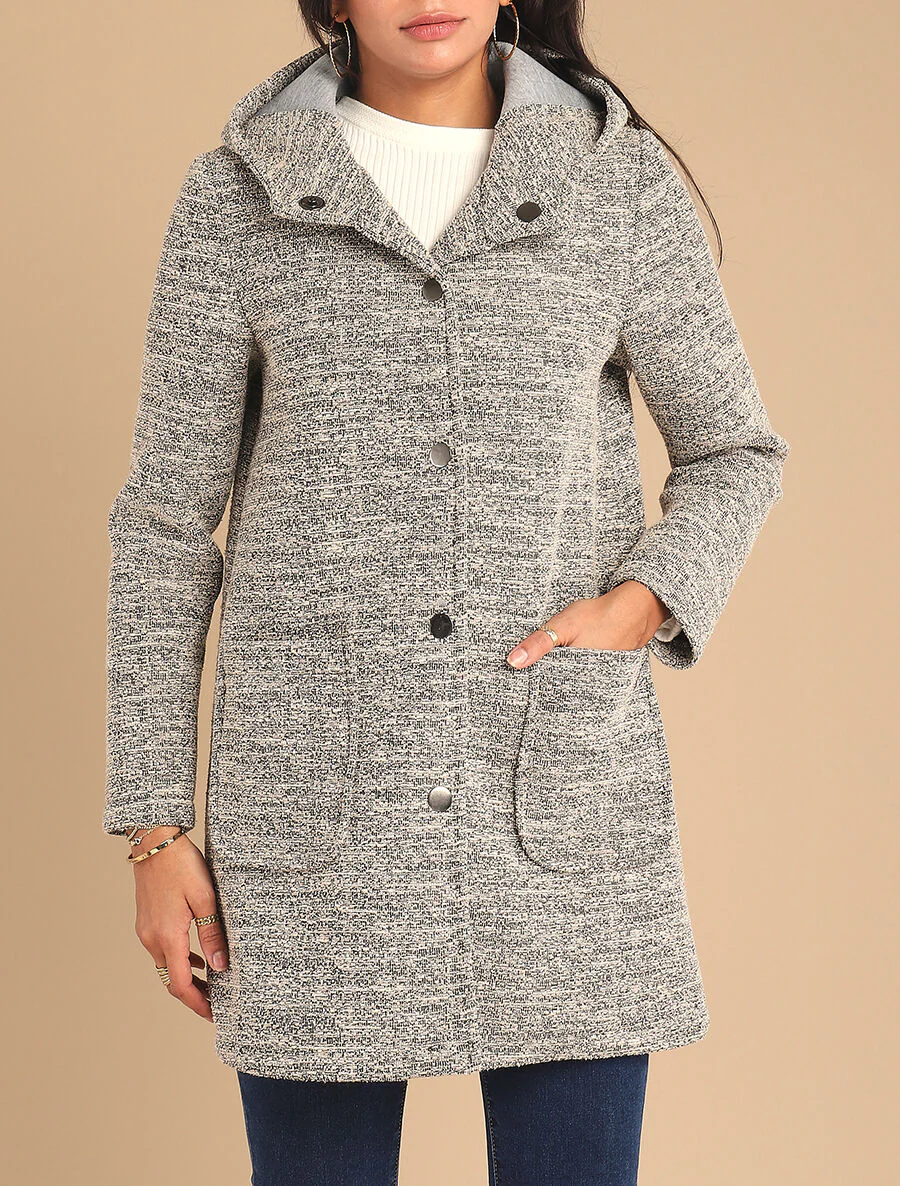 Manteau mi-long chiné à capuche - Beige - Image 4