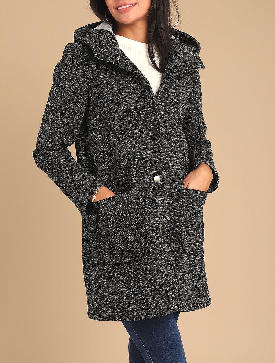 Manteau mi-long chiné à capuche - Noir - Image 4