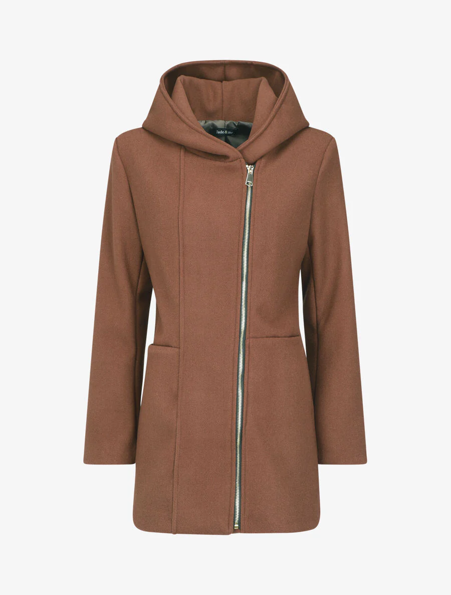 Manteau mi-long zippé à capuche - Marron