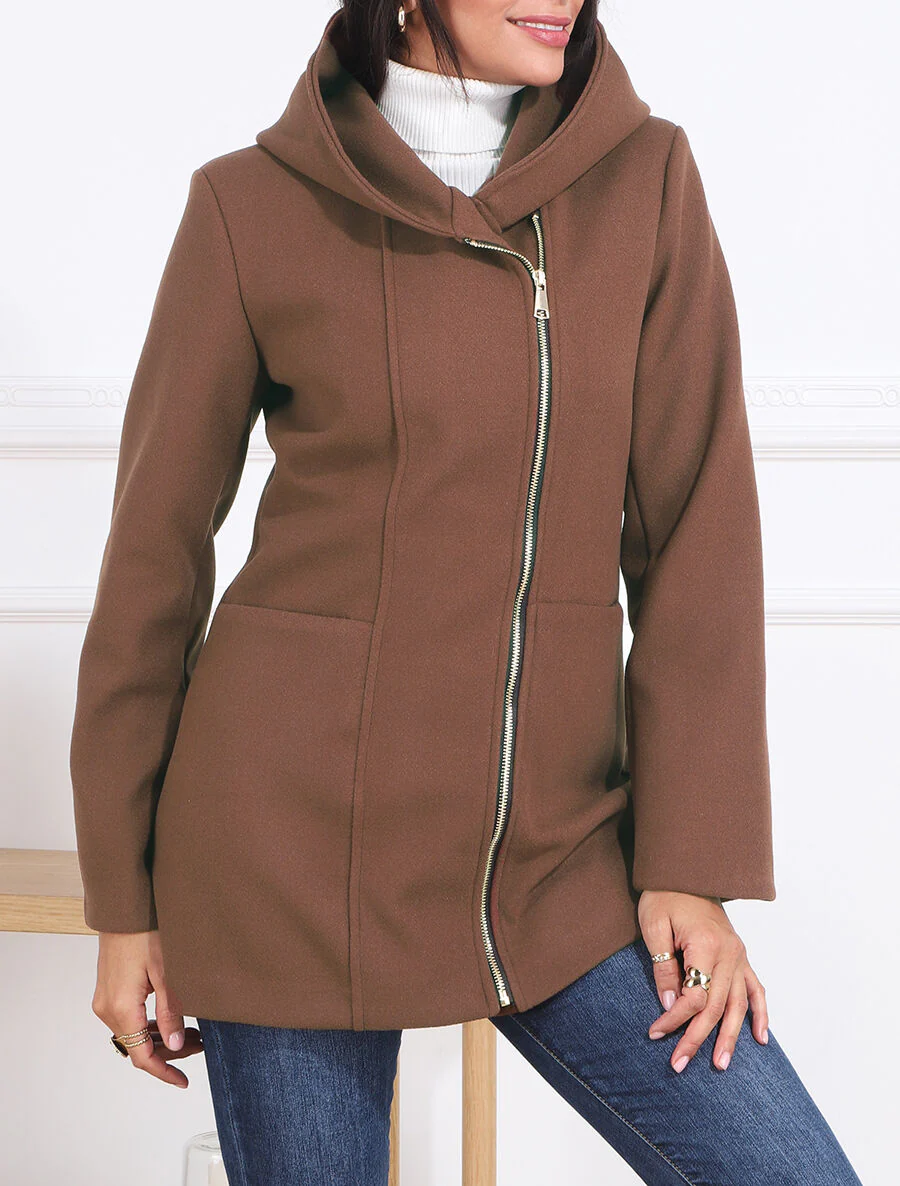 Manteau mi-long zippé à capuche - Marron - Image 3