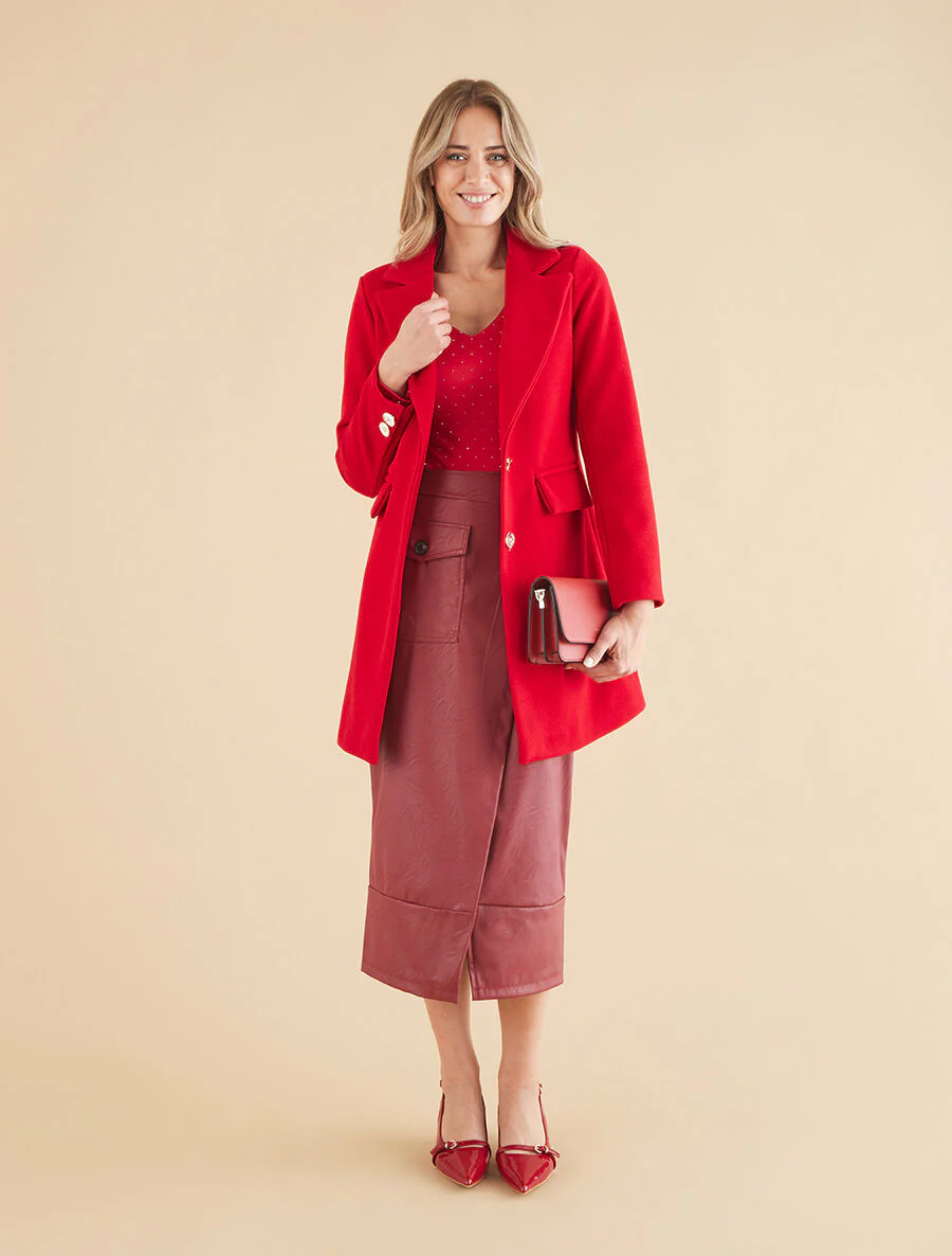 Manteau texturé à boutons décoratifs dorés - Rouge - Image 4