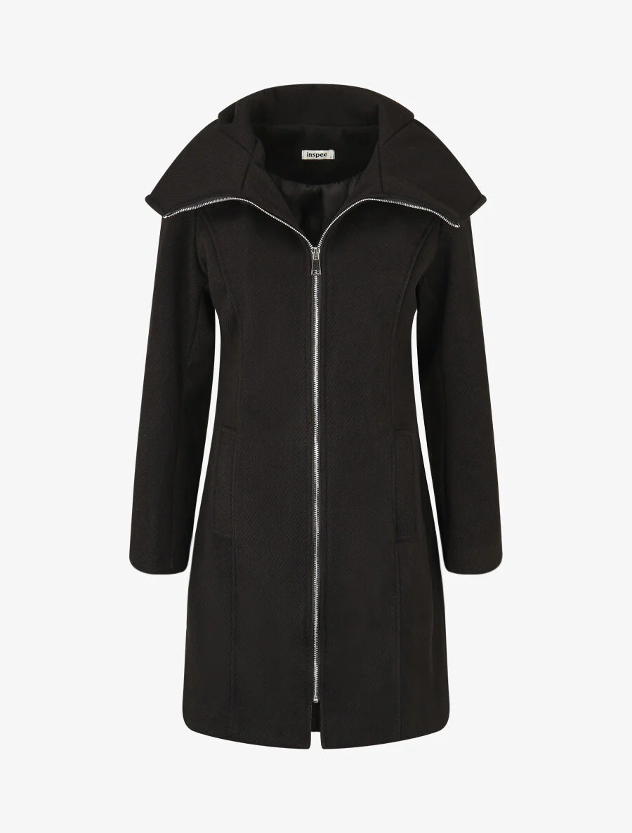 Manteau texturé et zippé à capuche - Noir