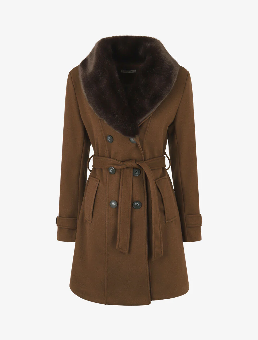 Manteau uni à col en fourrure synthétique - Marron