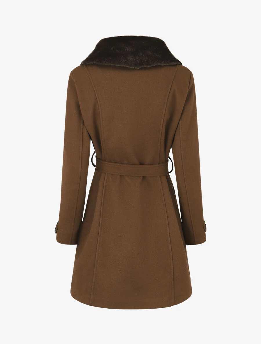 Manteau uni à col en fourrure synthétique - Marron - Image 2