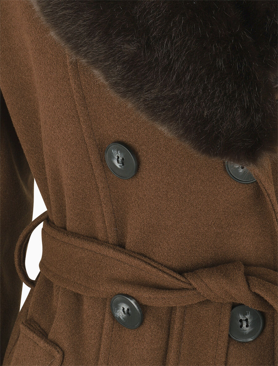Manteau uni à col en fourrure synthétique - Marron - Image 3