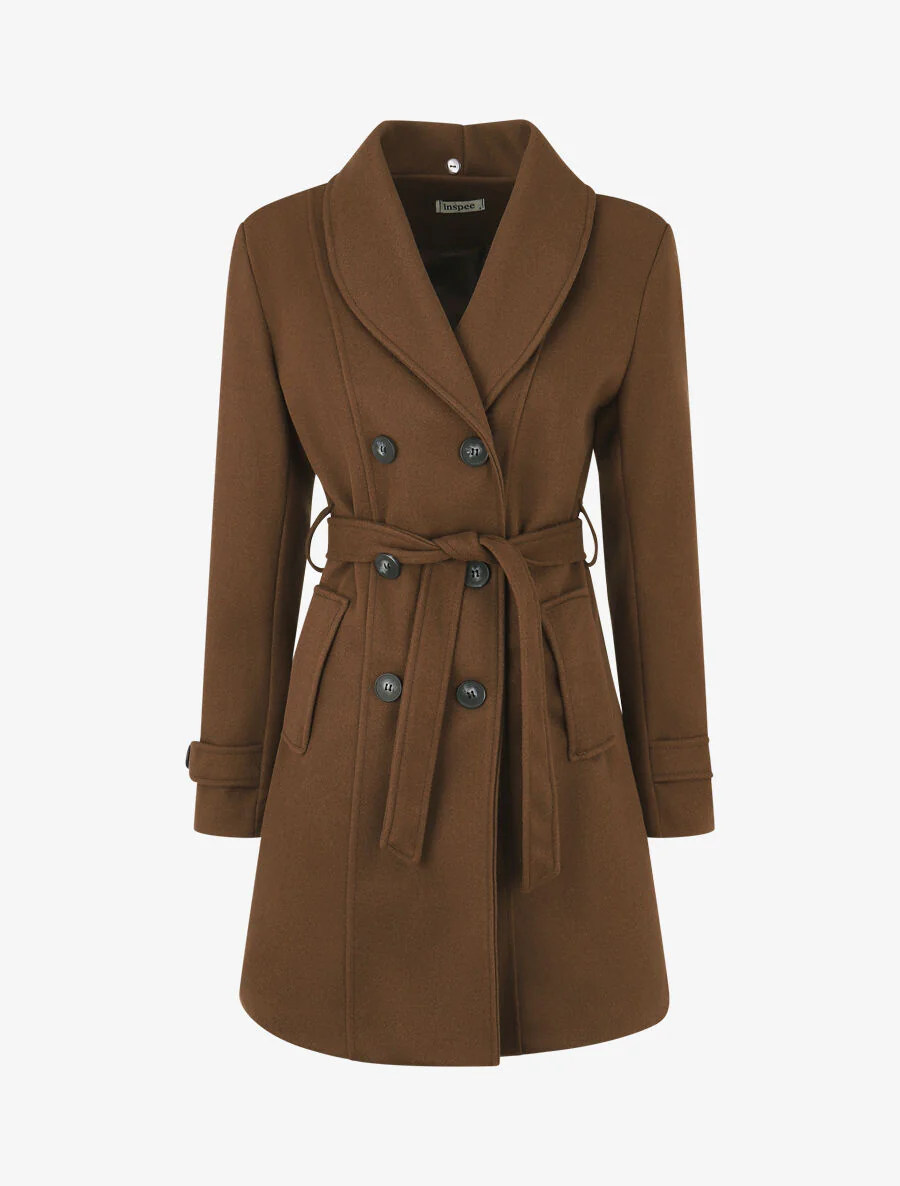 Manteau uni à col en fourrure synthétique - Marron - Image 4