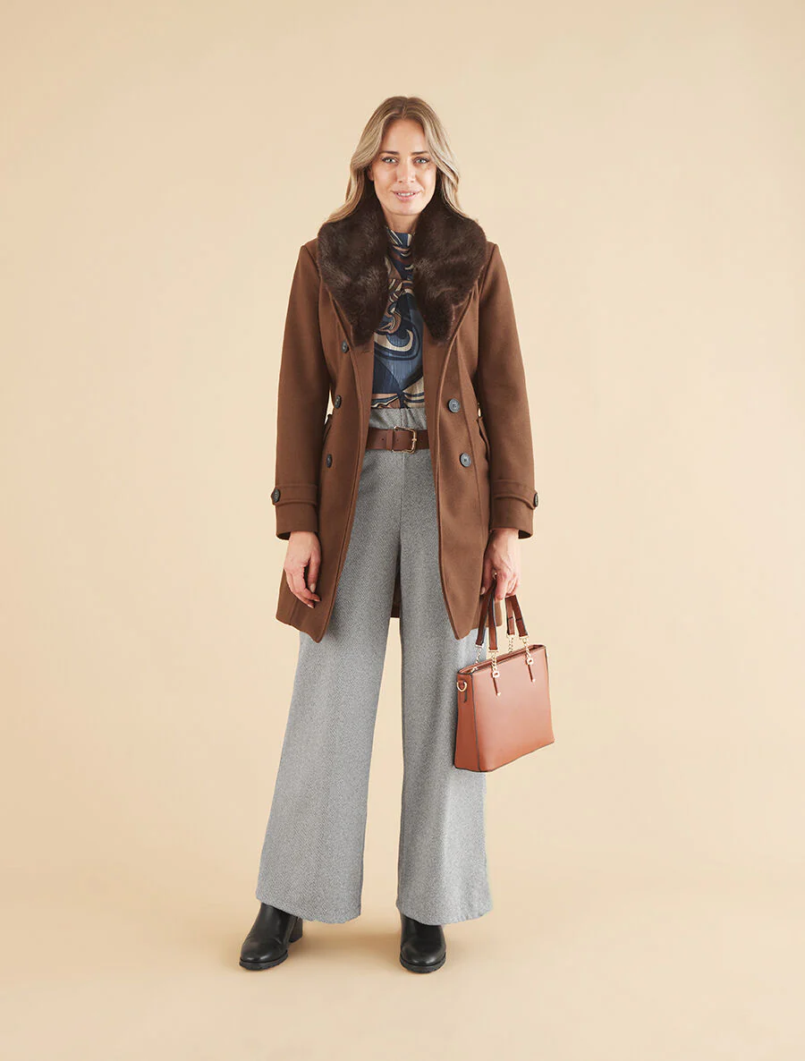 Manteau uni à col en fourrure synthétique - Marron - Image 5