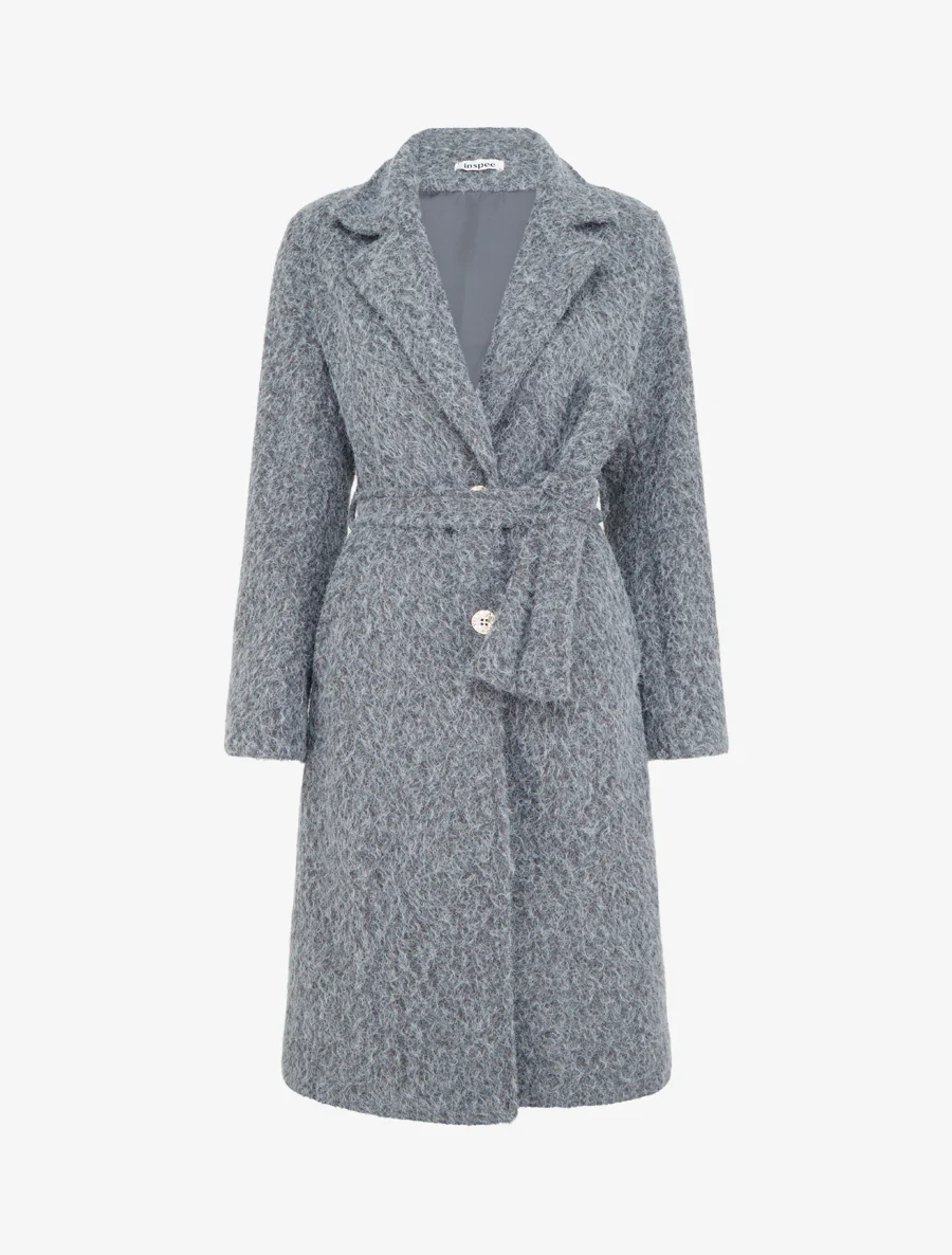 Manteau uni duveteux à col cranté - Gris
