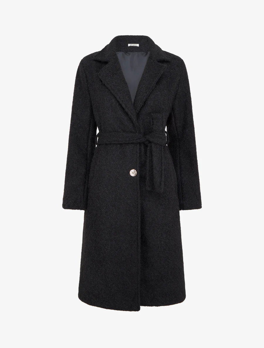 Manteau uni duveteux à col cranté - Noir