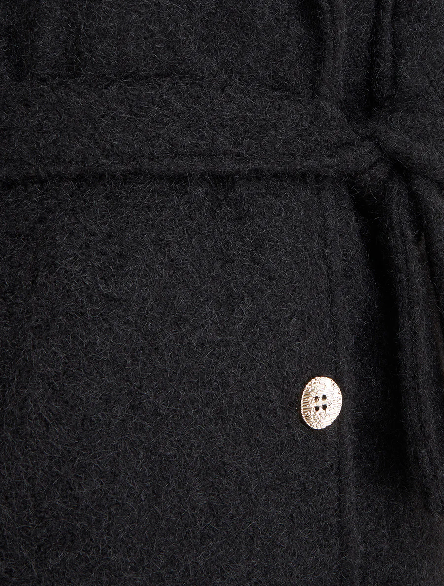Manteau uni duveteux à col cranté - Noir - Image 3