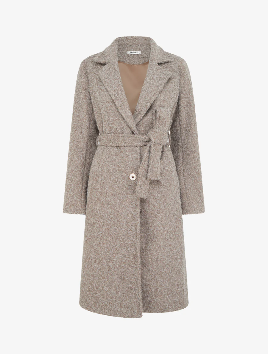 Manteau uni duveteux à col cranté - Taupe