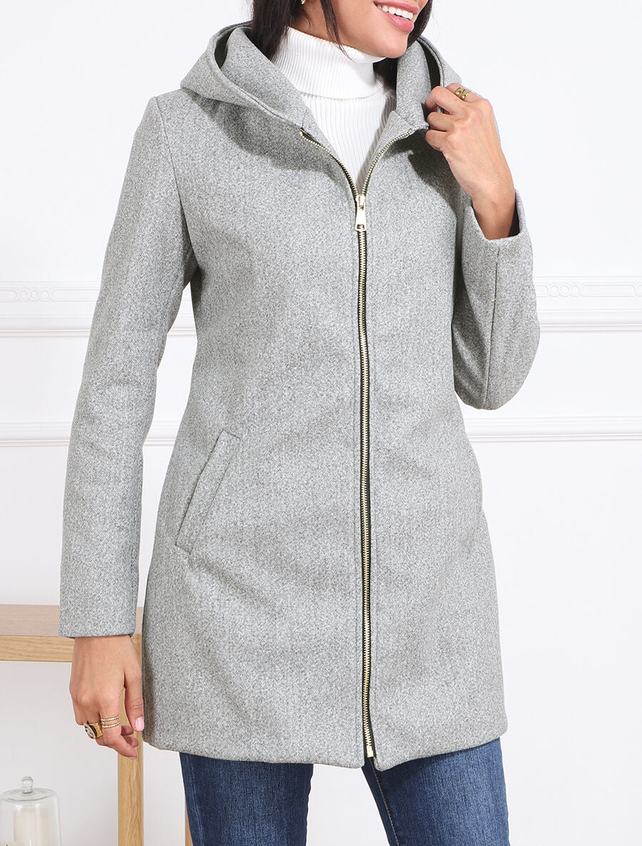 Manteau zippé à capuche - Gris - Image 4