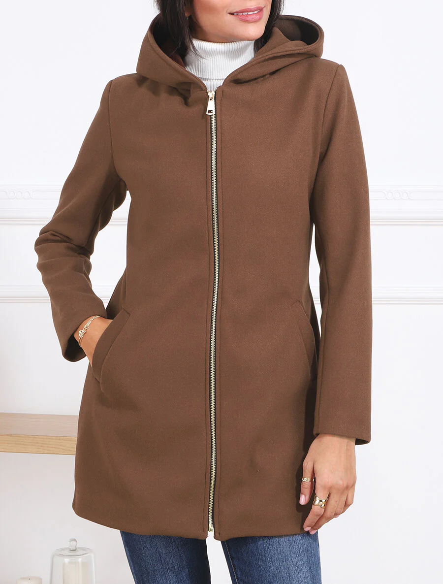 Manteau zippé à capuche - Marron - Image 3