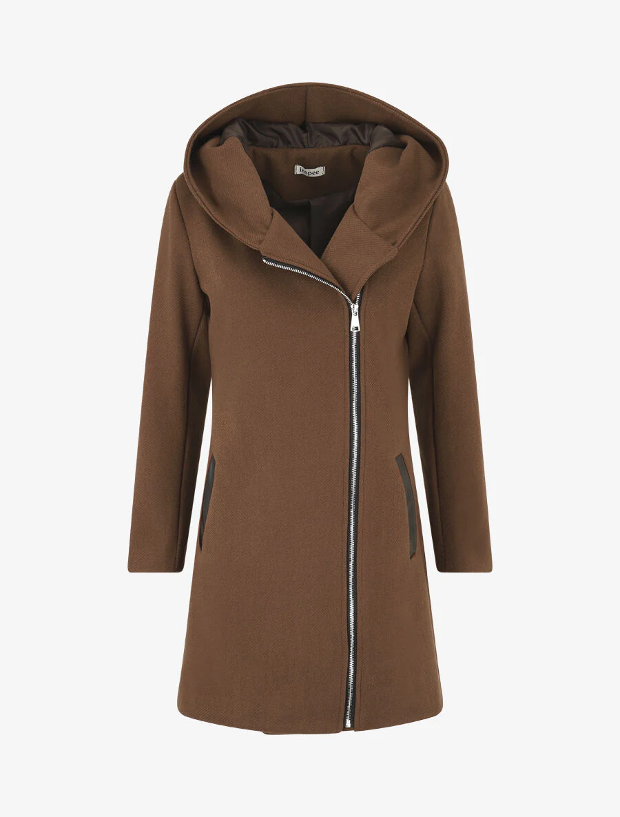 Manteau zippé à poches contrastantes en simili - Marron