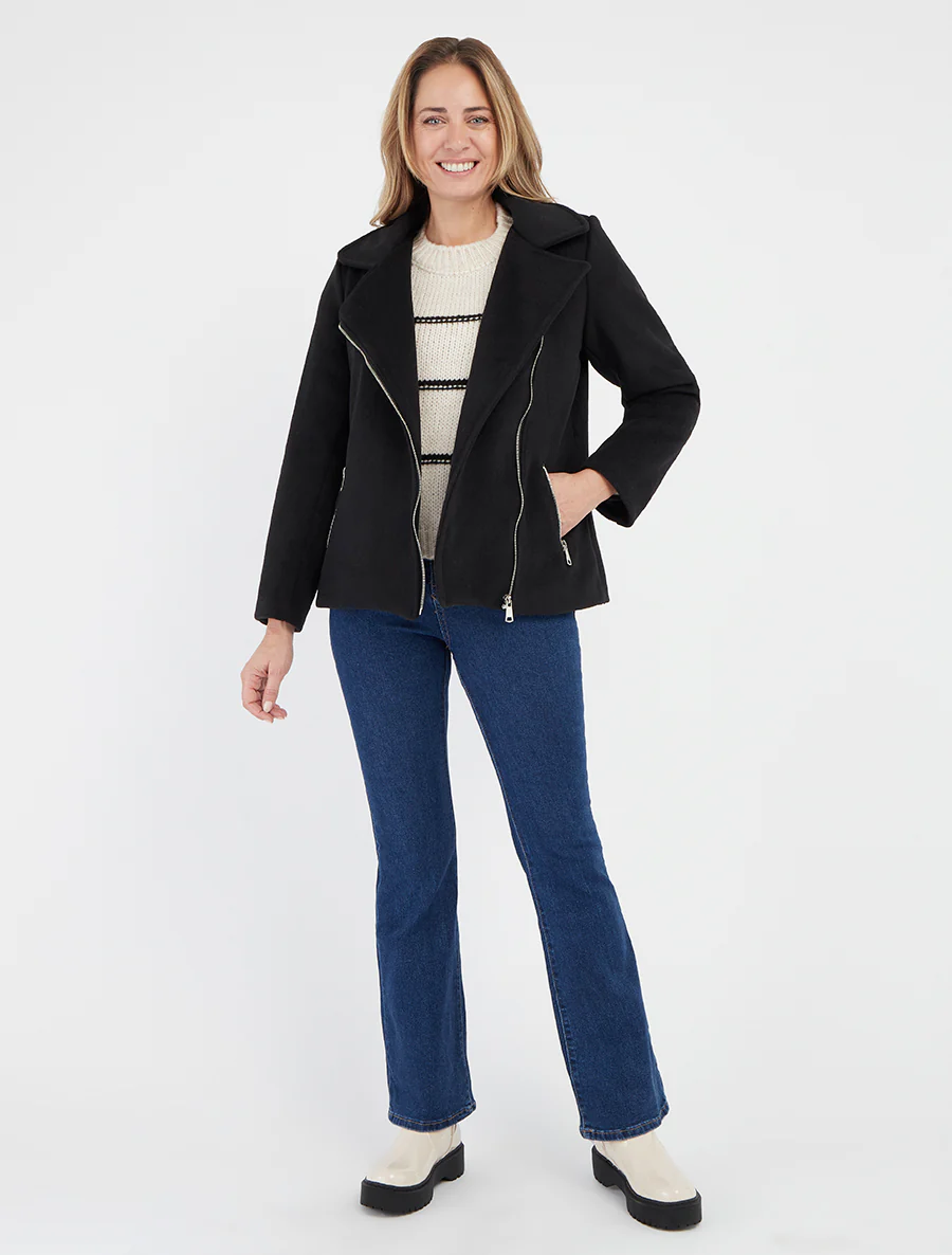 Manteau zippé uni en feutrine - Noir - Image 4