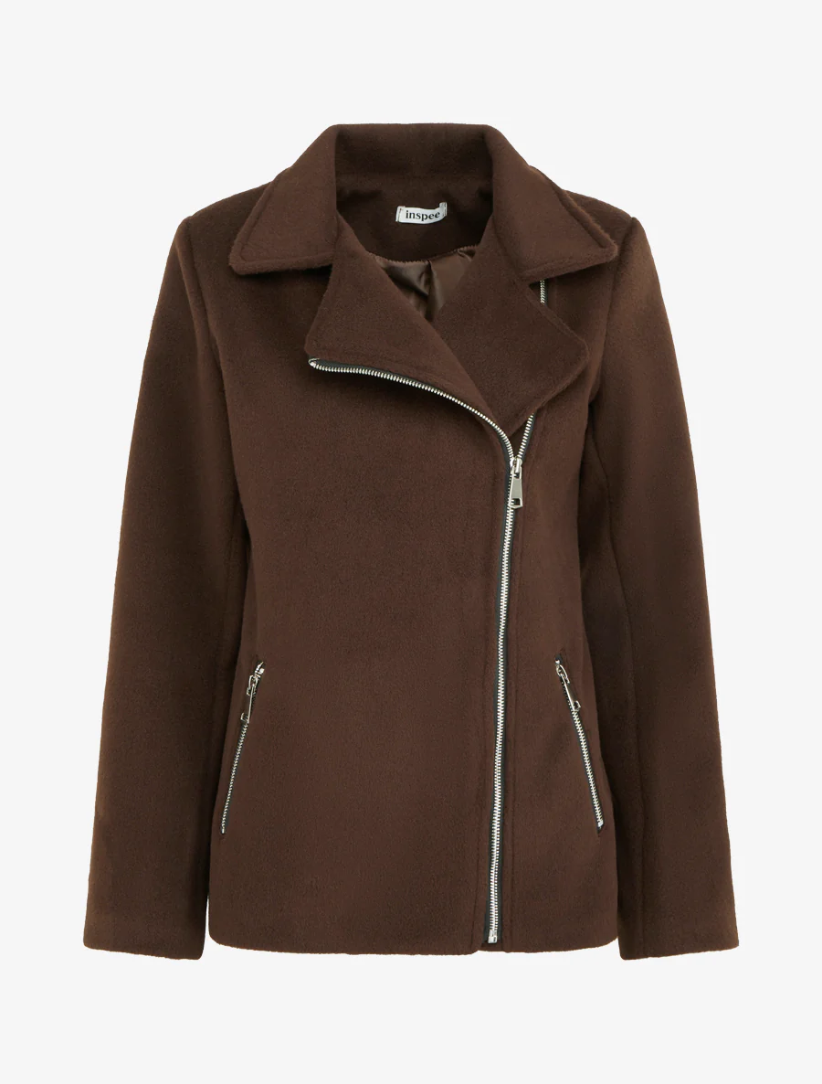 Manteau zippé uni en feutrine - Marron