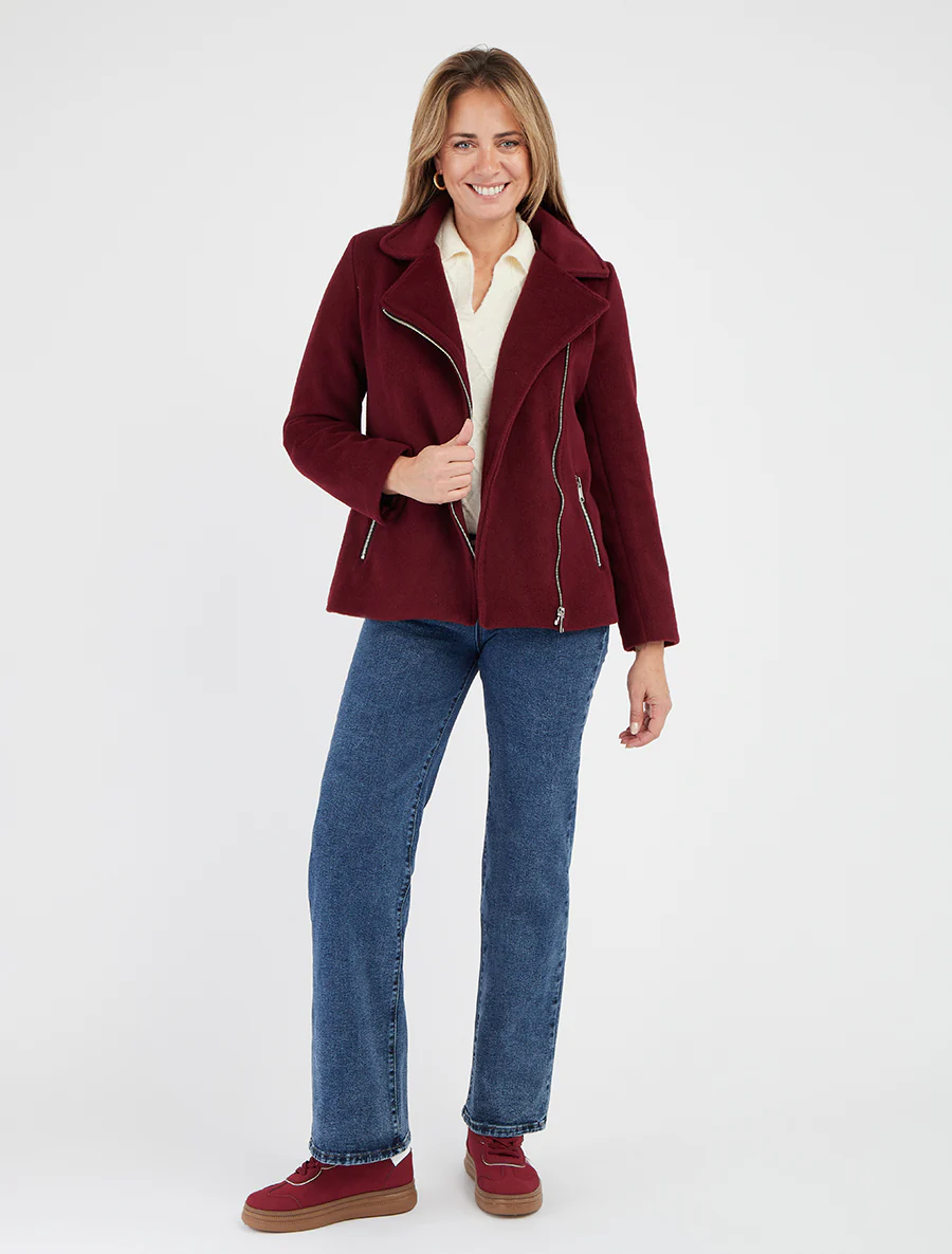 Manteau zippé uni en feutrine - Bordeaux - Image 4