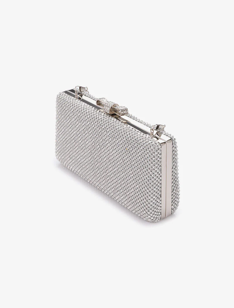 Minaudière rectangulaire à fermoir noeud et strass - Argent - Image 2