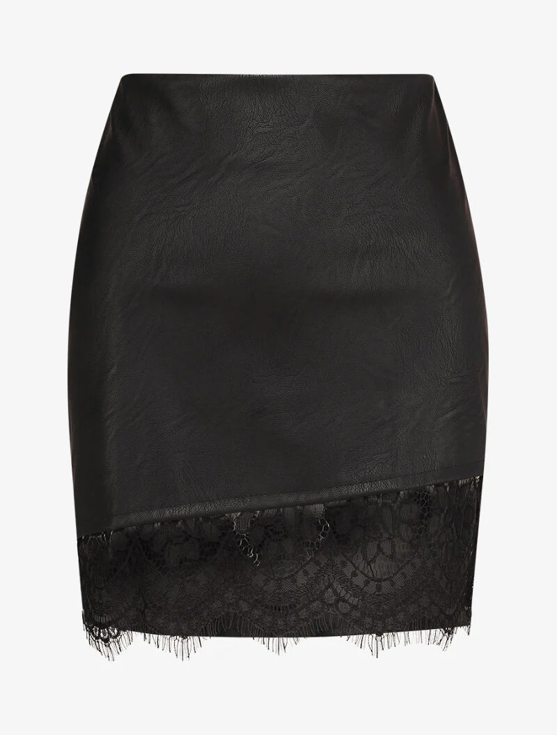 Mini jupe en simili à bord asymétrique en dentelle - Noir