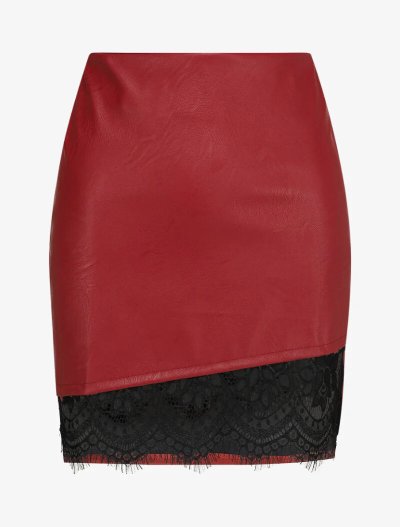 Mini jupe en simili à bord asymétrique en dentelle - Rouge
