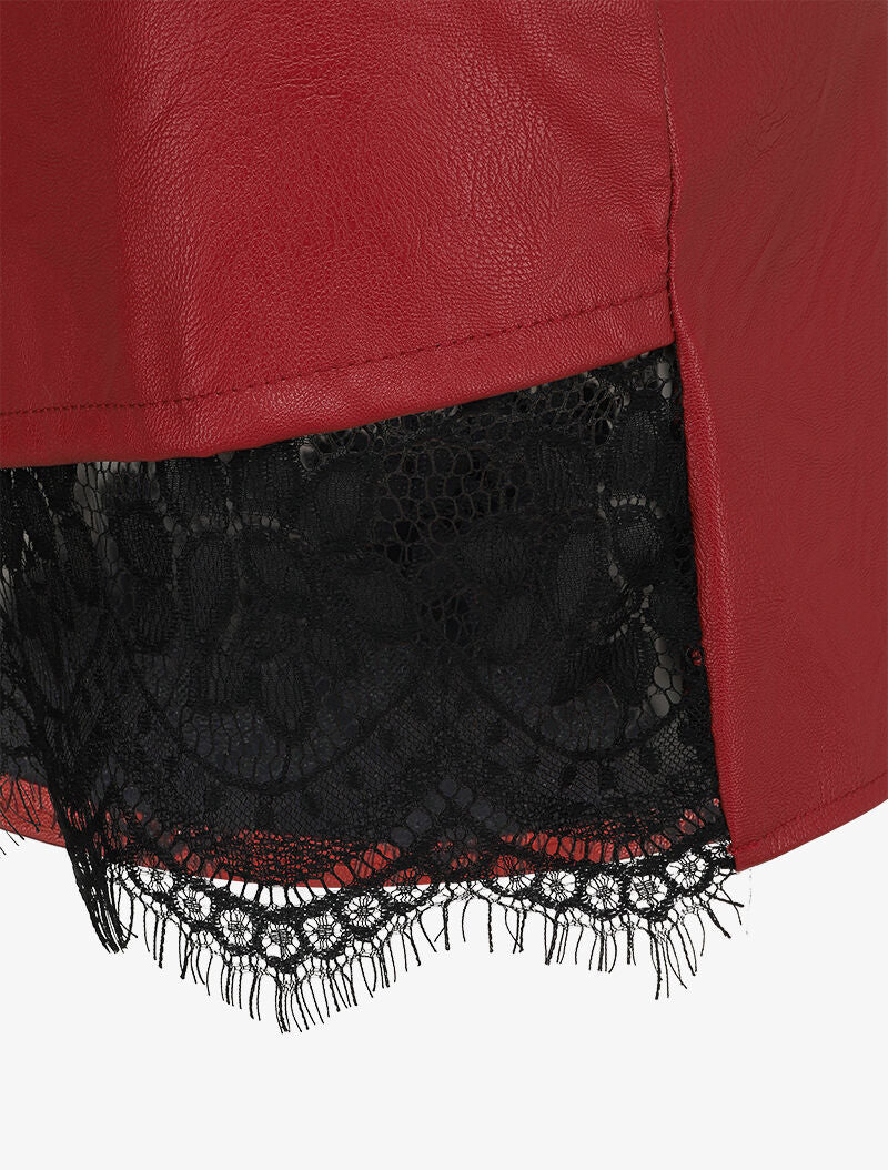 Mini jupe en simili à bord asymétrique en dentelle - Rouge - Image 3