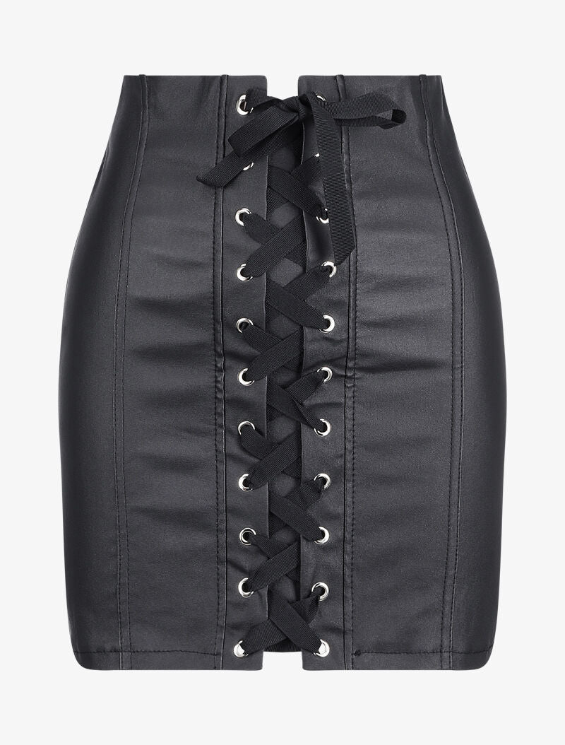 Mini-jupe en simili à lacets - Noir
