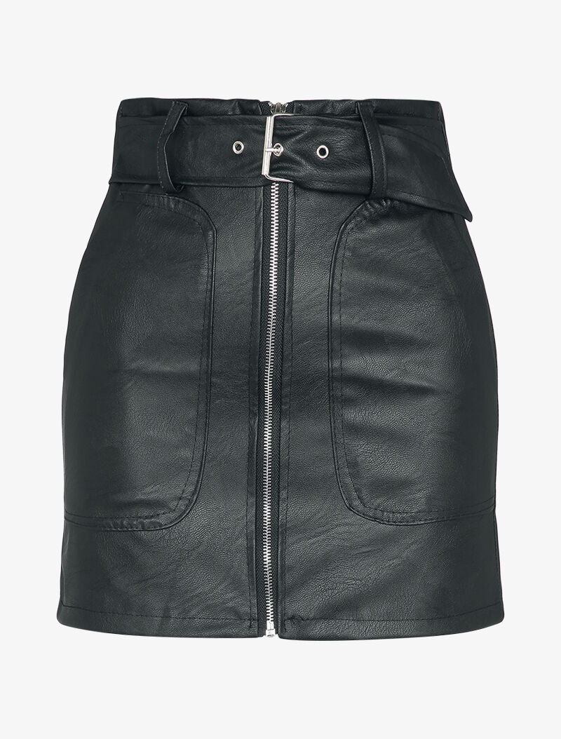 Mini jupe en simili à zip et grandes poches - Noir