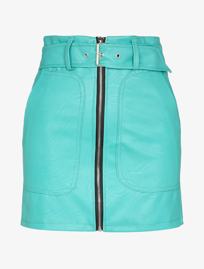 Mini jupe en simili à zip et grandes poches - Turquoise