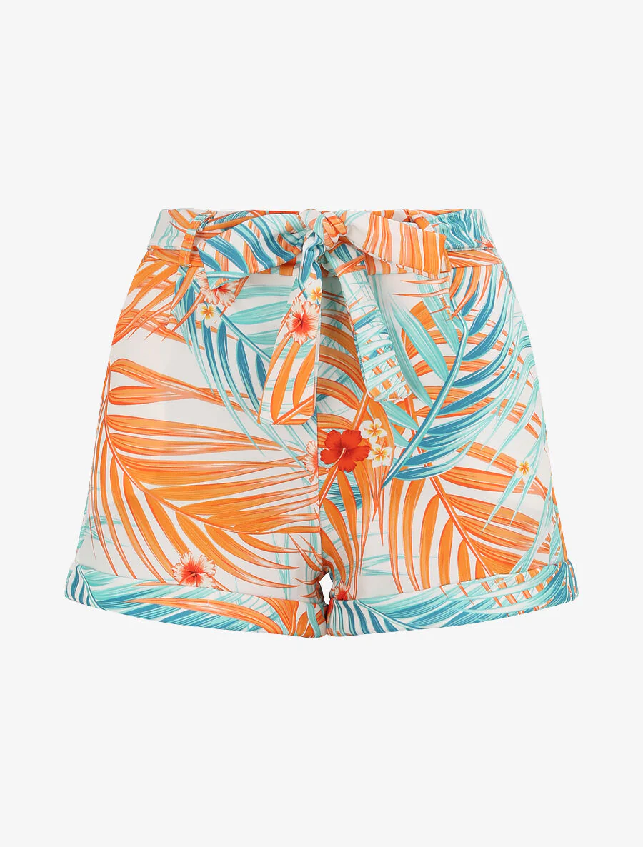 Mini short à imprimé feuilles tropicales et à revers - Vert