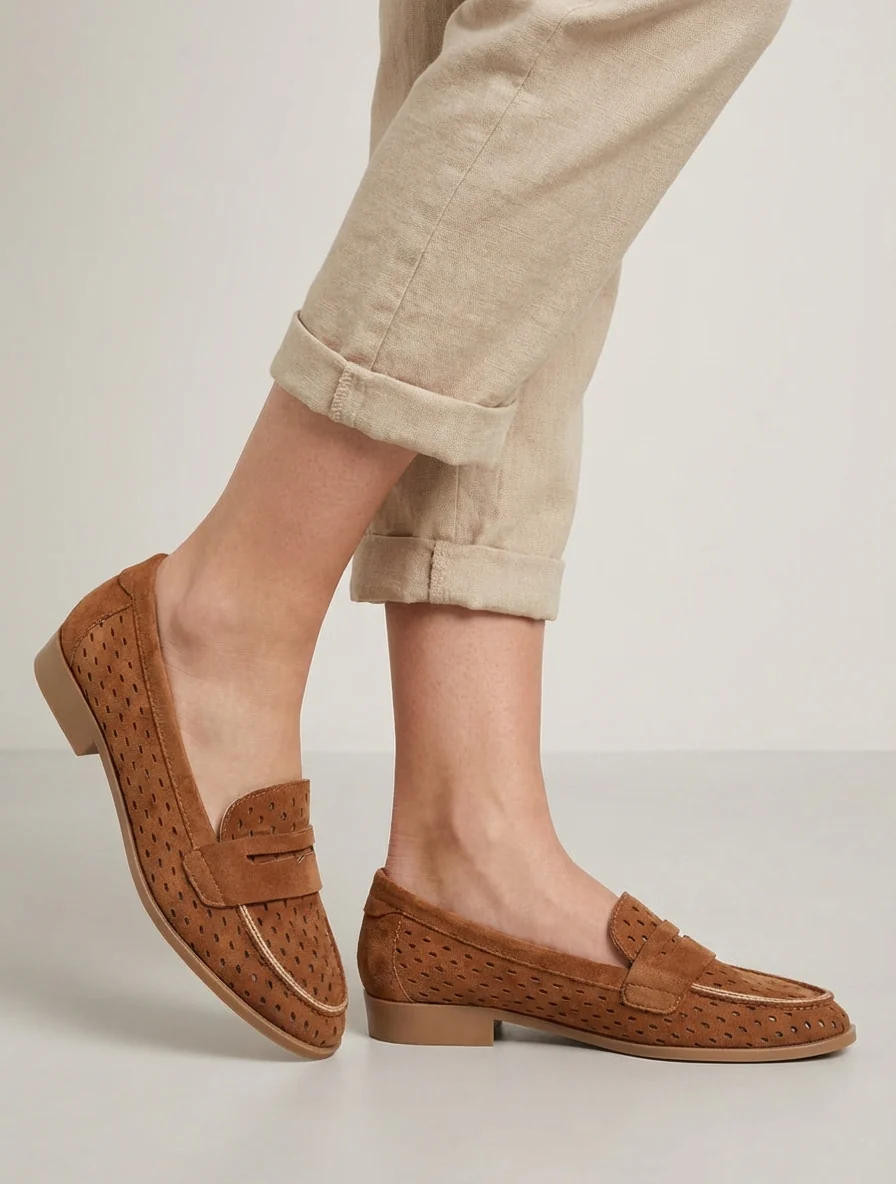 Mocassins ajourés en suédine - Camel - Image 5
