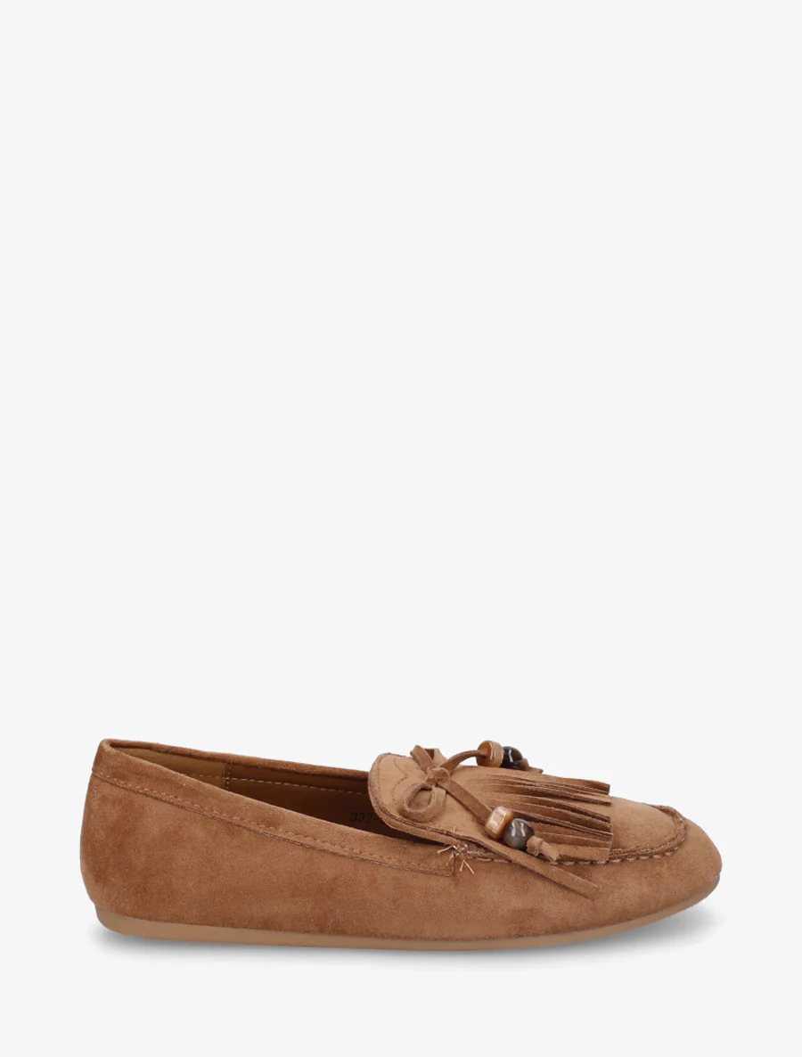 Mocassins en suédine à franges et perles - Camel