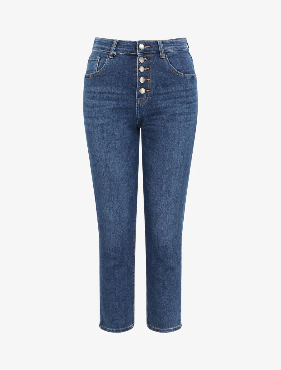 Mom jean à taille haute boutonnée - Bleu denim