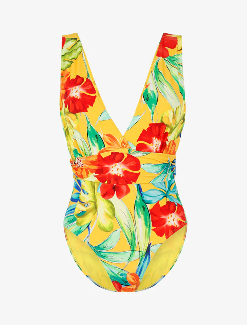 Monokini à bretelles larges et imprimé tropical - jaune