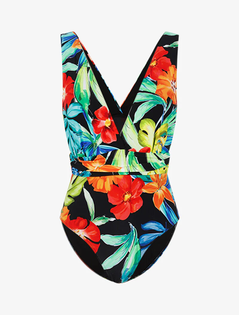Monokini à bretelles larges et imprimé tropical - noir