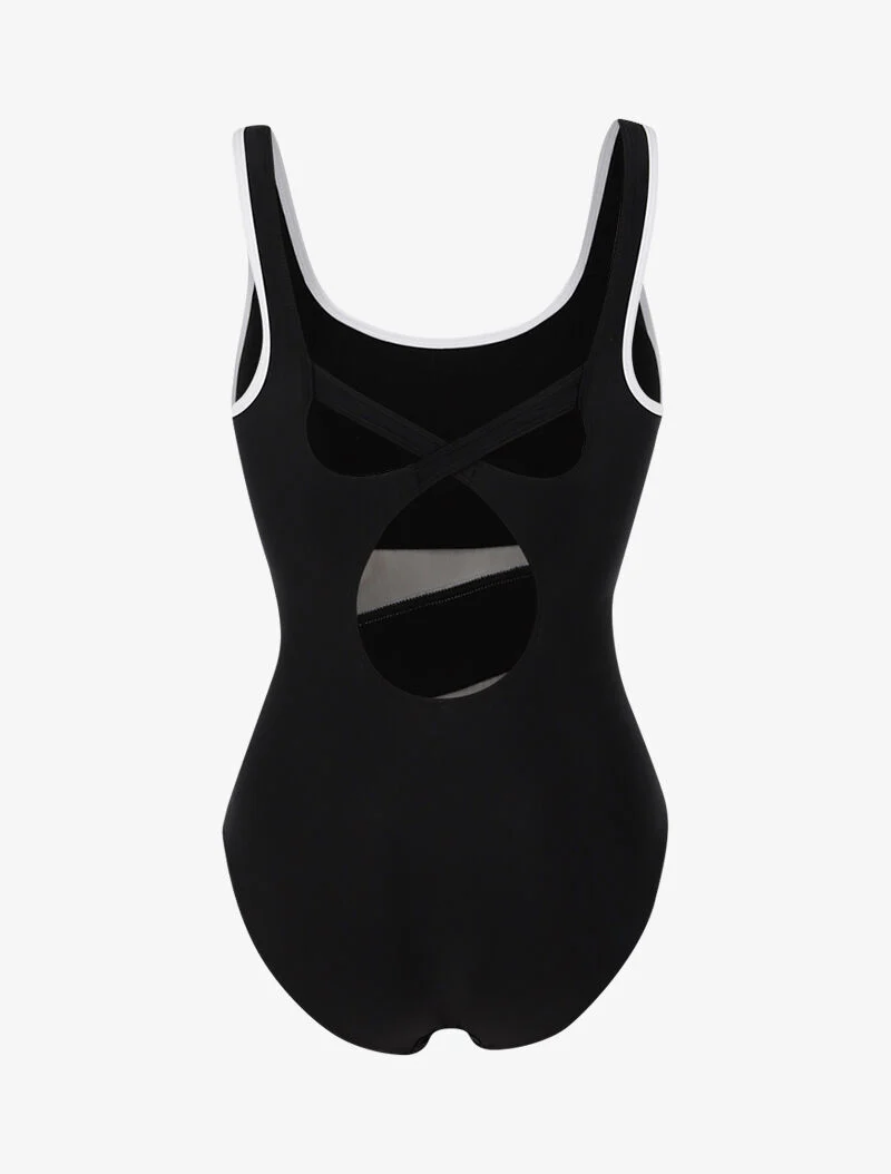 Monokini à détails résille et bandes contrastantes - noir/blanc - Image 2