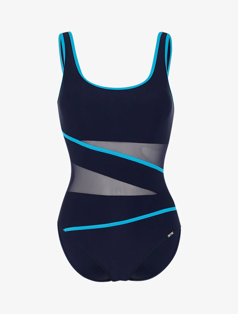 Monokini à détails résille et bandes contrastantes - marine/bleu