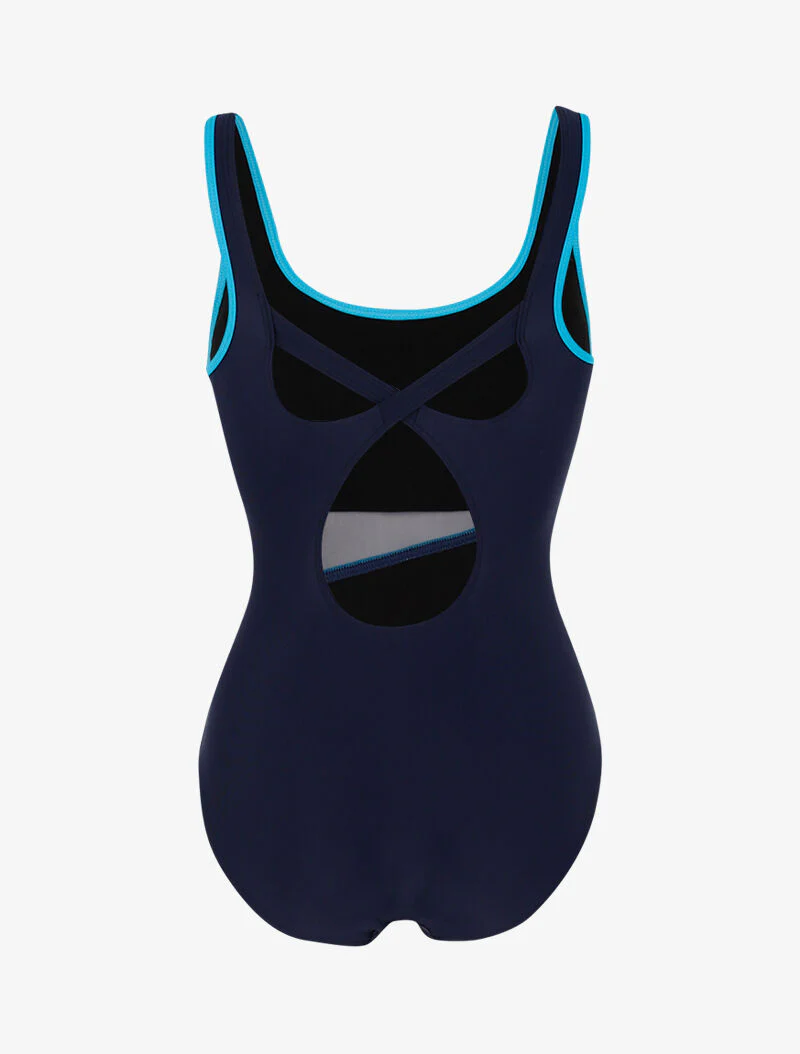 Monokini à détails résille et bandes contrastantes - marine/bleu - Image 2