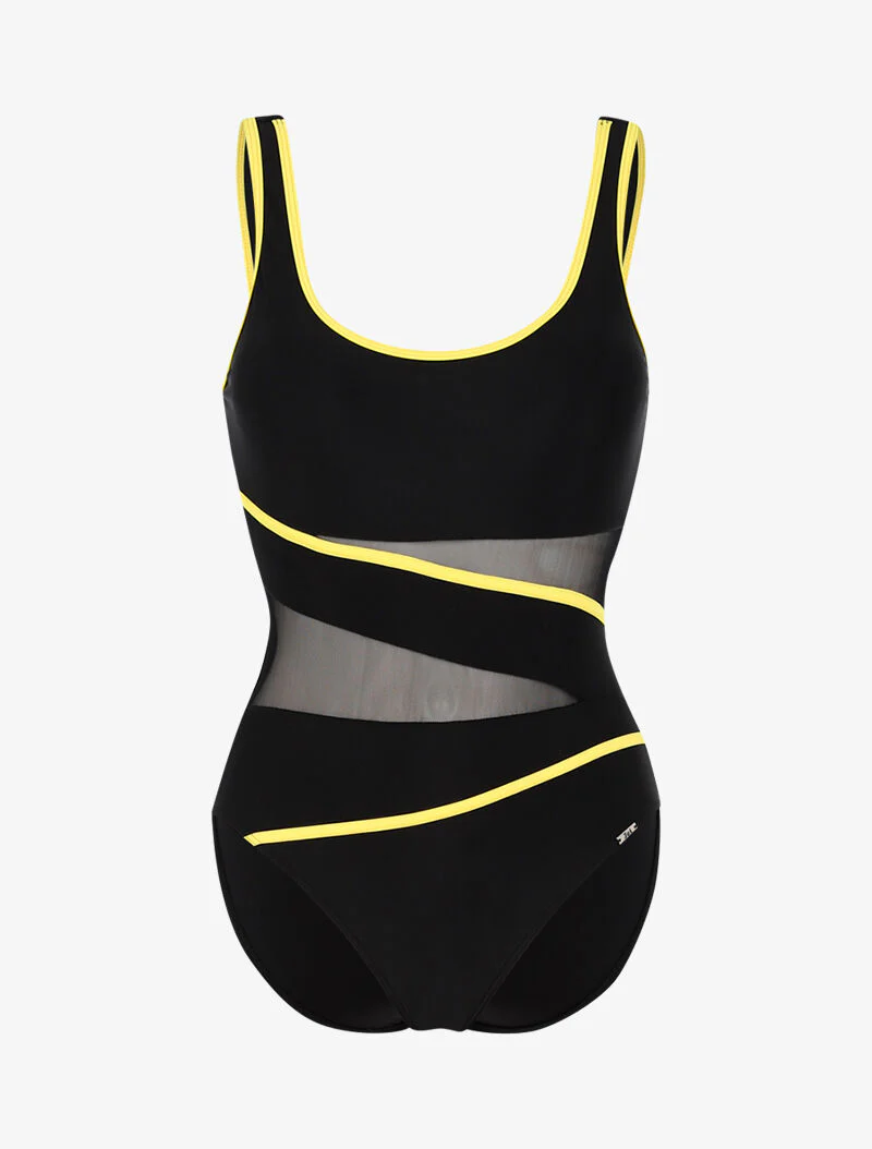 Monokini à détails résille et bandes contrastantes - noir/jaune fluo