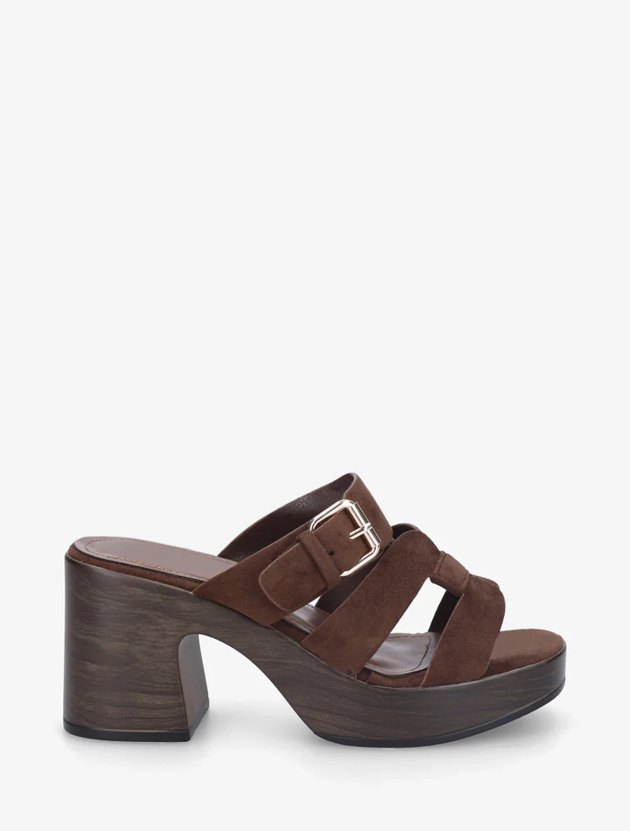 Mules à talon effet bois à boucle - Marron