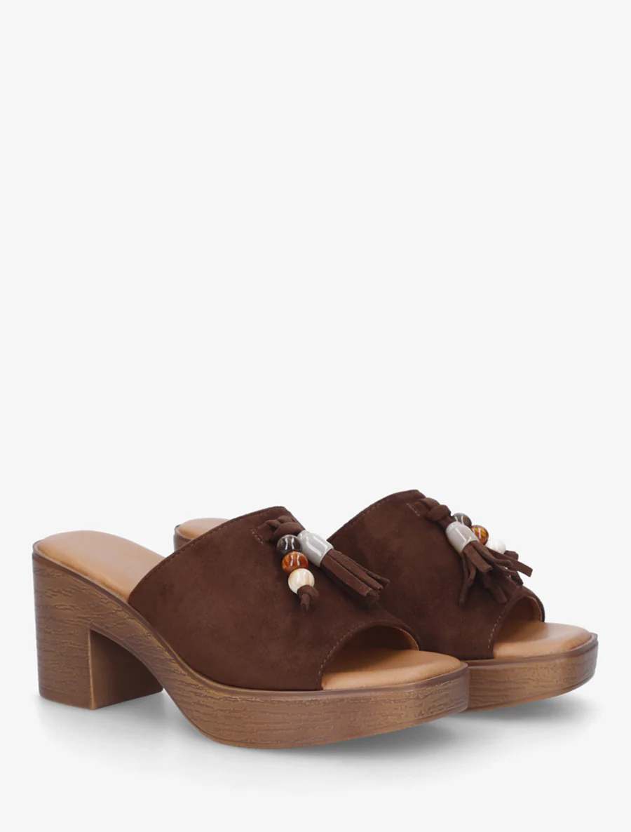Mules à talon effet bois et empiècement pierres - Marron - Image 4