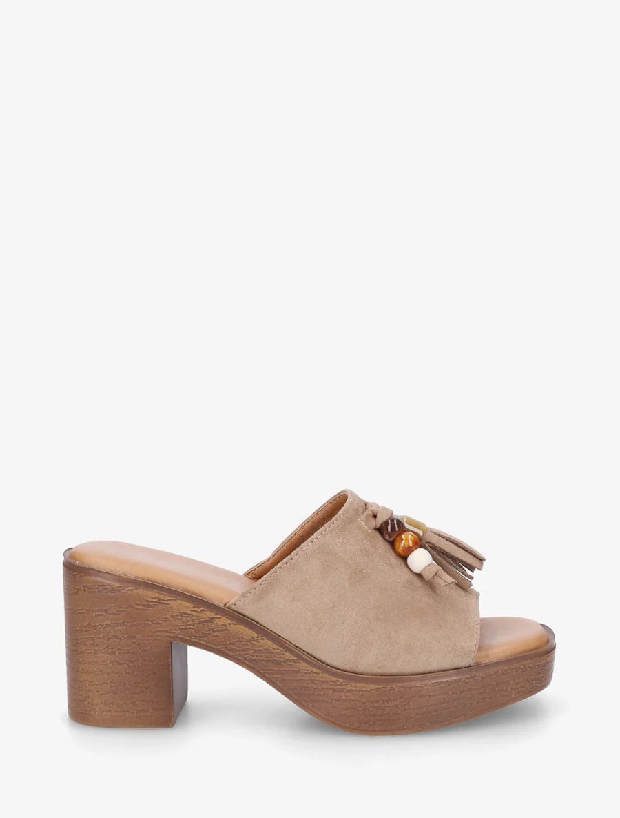 Mules à talon effet bois et empiècement pierres - Taupe