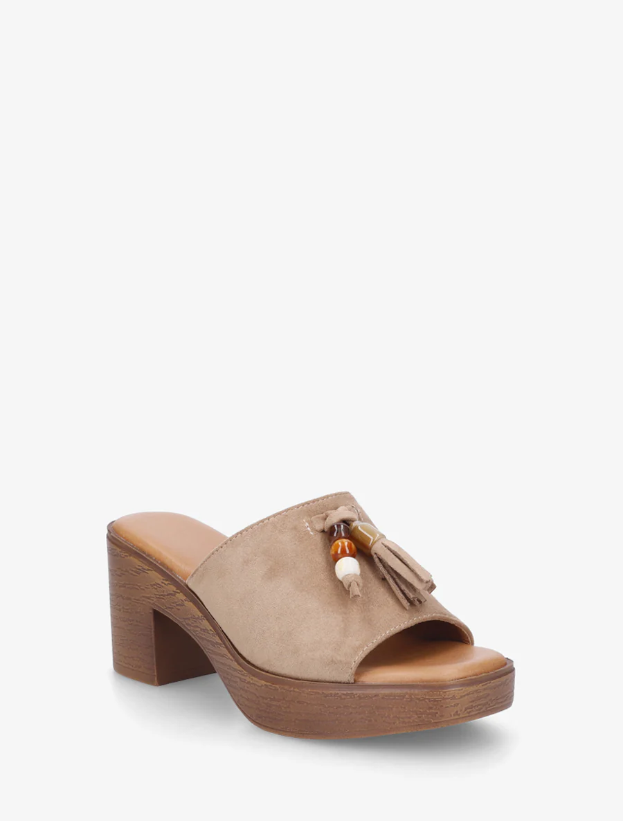 Mules à talon effet bois et empiècement pierres - Taupe - Image 2