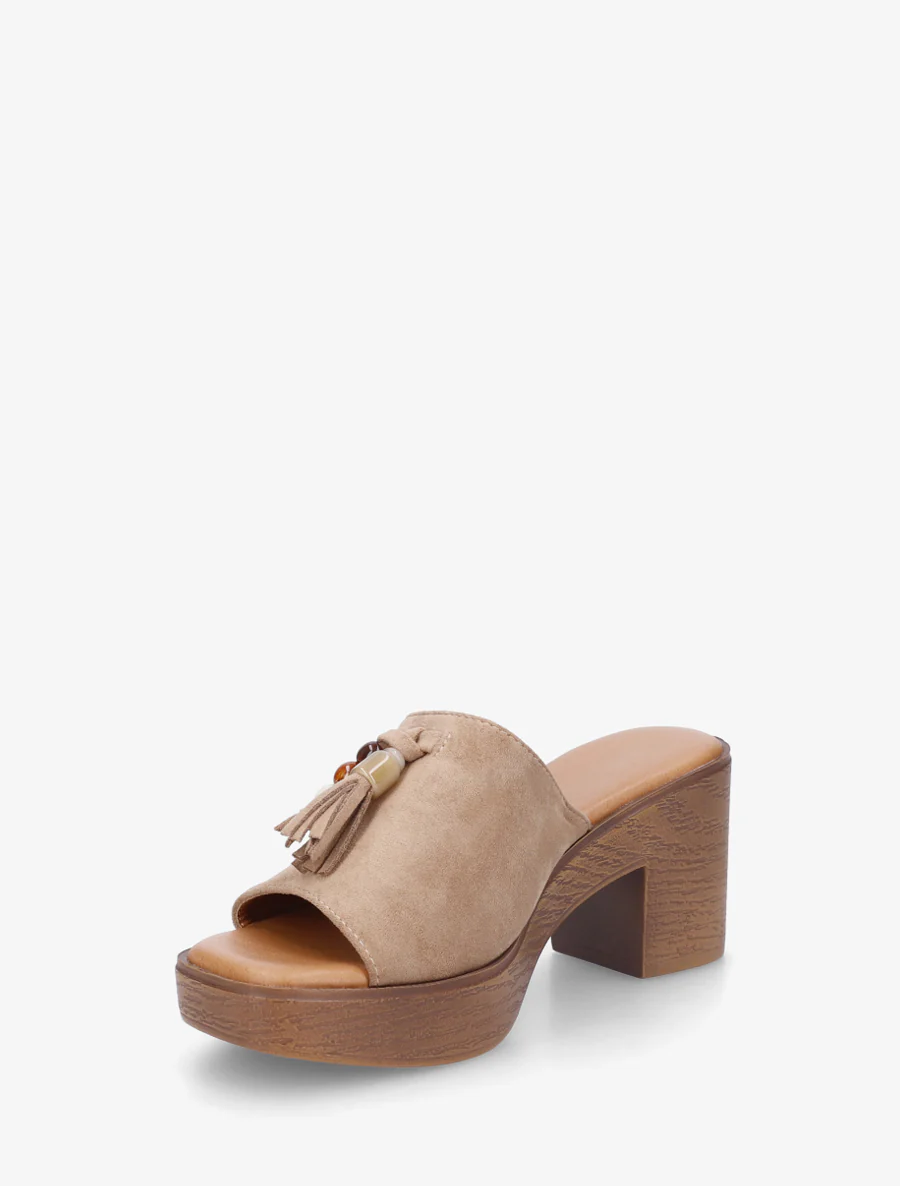 Mules à talon effet bois et empiècement pierres - Taupe - Image 3