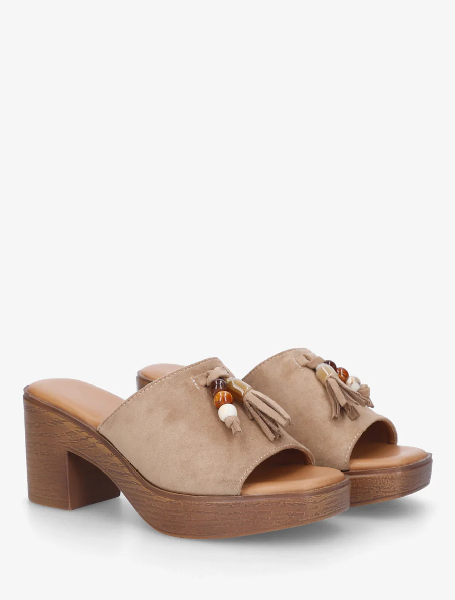 Mules à talon effet bois et empiècement pierres - Taupe - Image 4