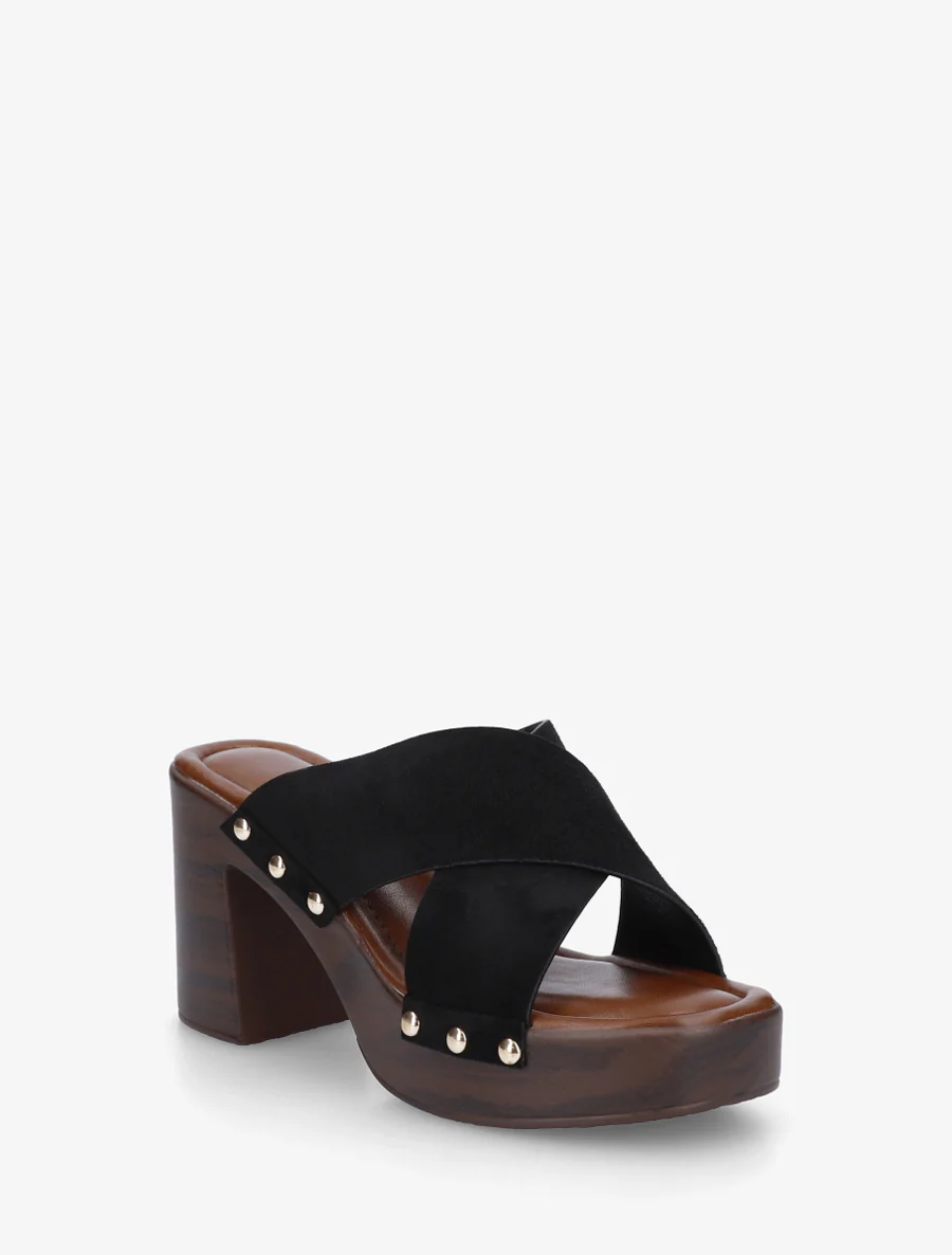 Mules à talon effet bois et ganse en suédine - Noir - Image 2