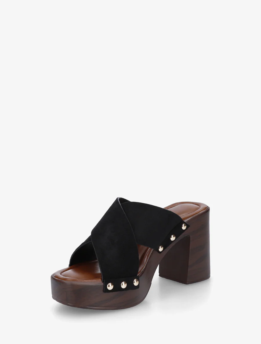Mules à talon effet bois et ganse en suédine - Noir - Image 3