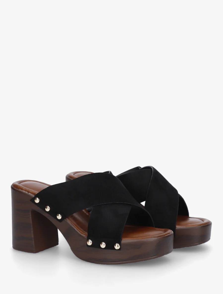 Mules à talon effet bois et ganse en suédine - Noir - Image 4