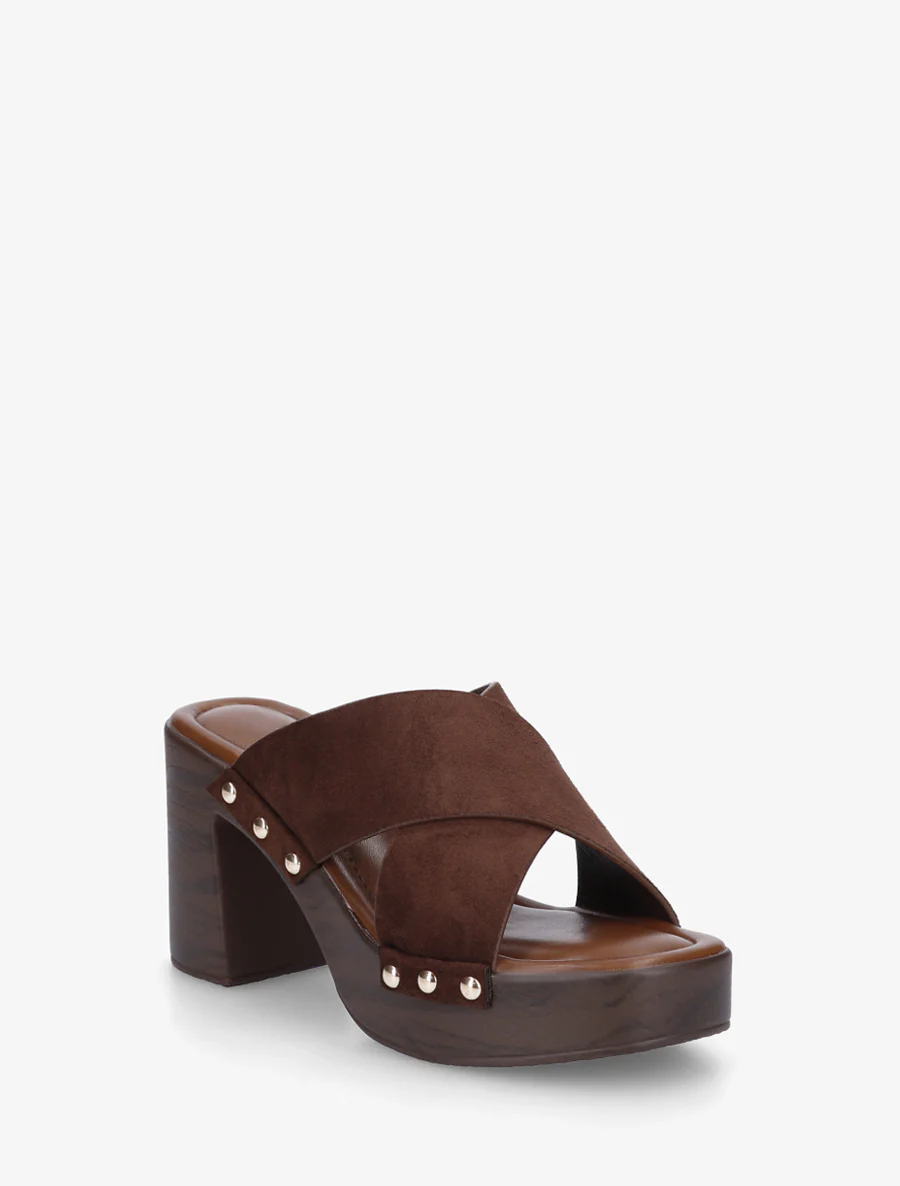 Mules à talon effet bois et ganse en suédine - Marron - Image 2